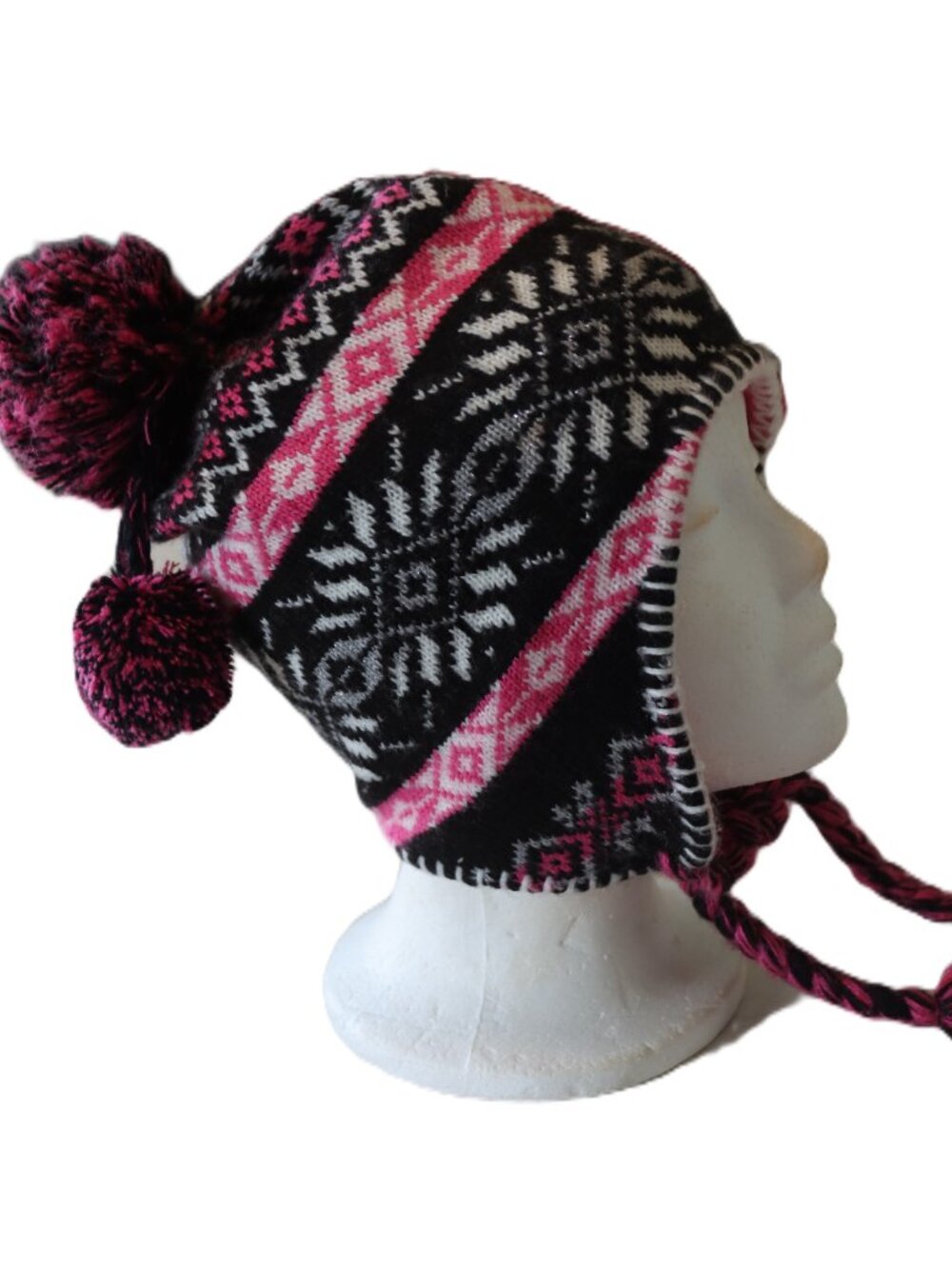 Joe Boxer Black/Pink/White Nordic Style Knit Earflap Hat Side Ties Tassels
